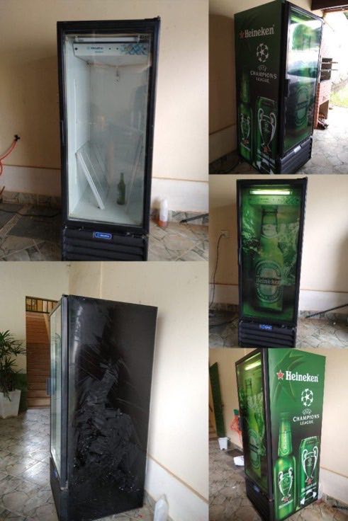 Freezer expositor de vidro antes e depois do envelopamento com tema Heineken
